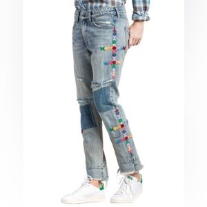 Miss Me Vintage Patchwork Cropped Frayed Boyfriend Jeans 25 Embroidered